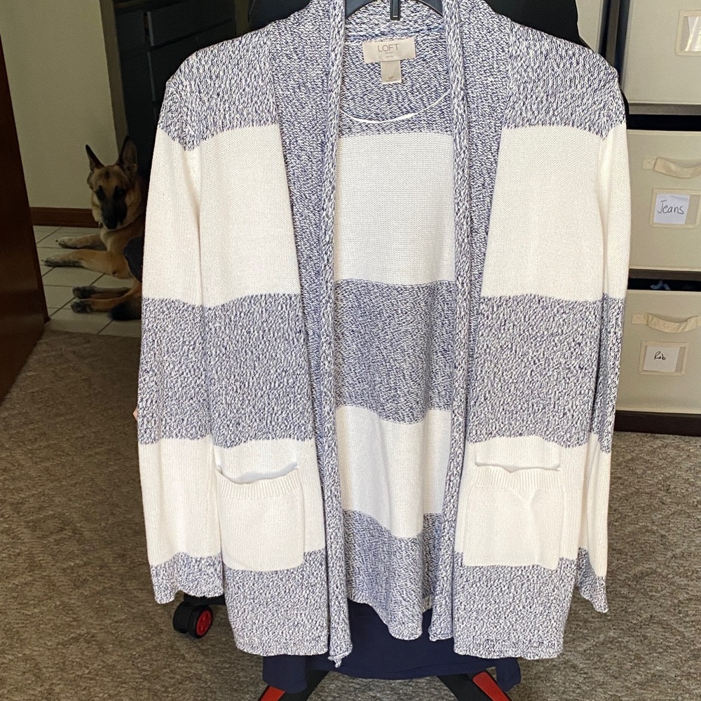 LOFT Blue and White Striped Open-Front Cardigan